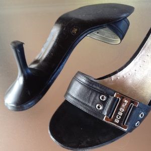 BCBGIRLS leather silver logo low heel slide sandal